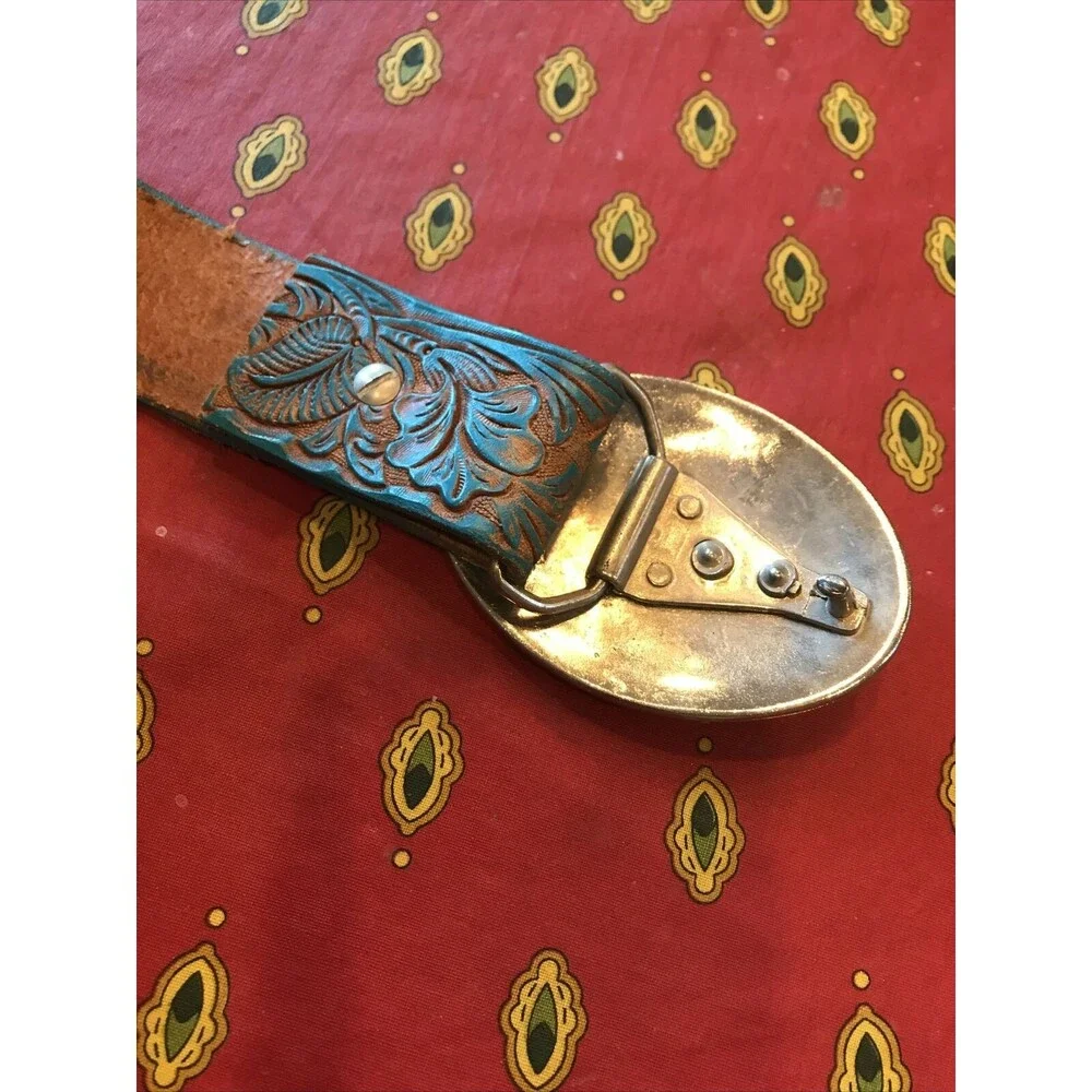 Women Western Turquoise Belt Silver Metal Round Rhinestone Bling Buckle 31-35”